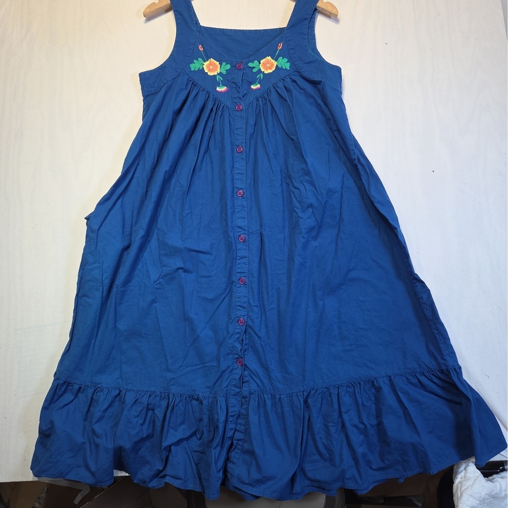 Vintage Carriage Court Sears S 8-10 Blue Embroidered Floral Cotton Boho Dress